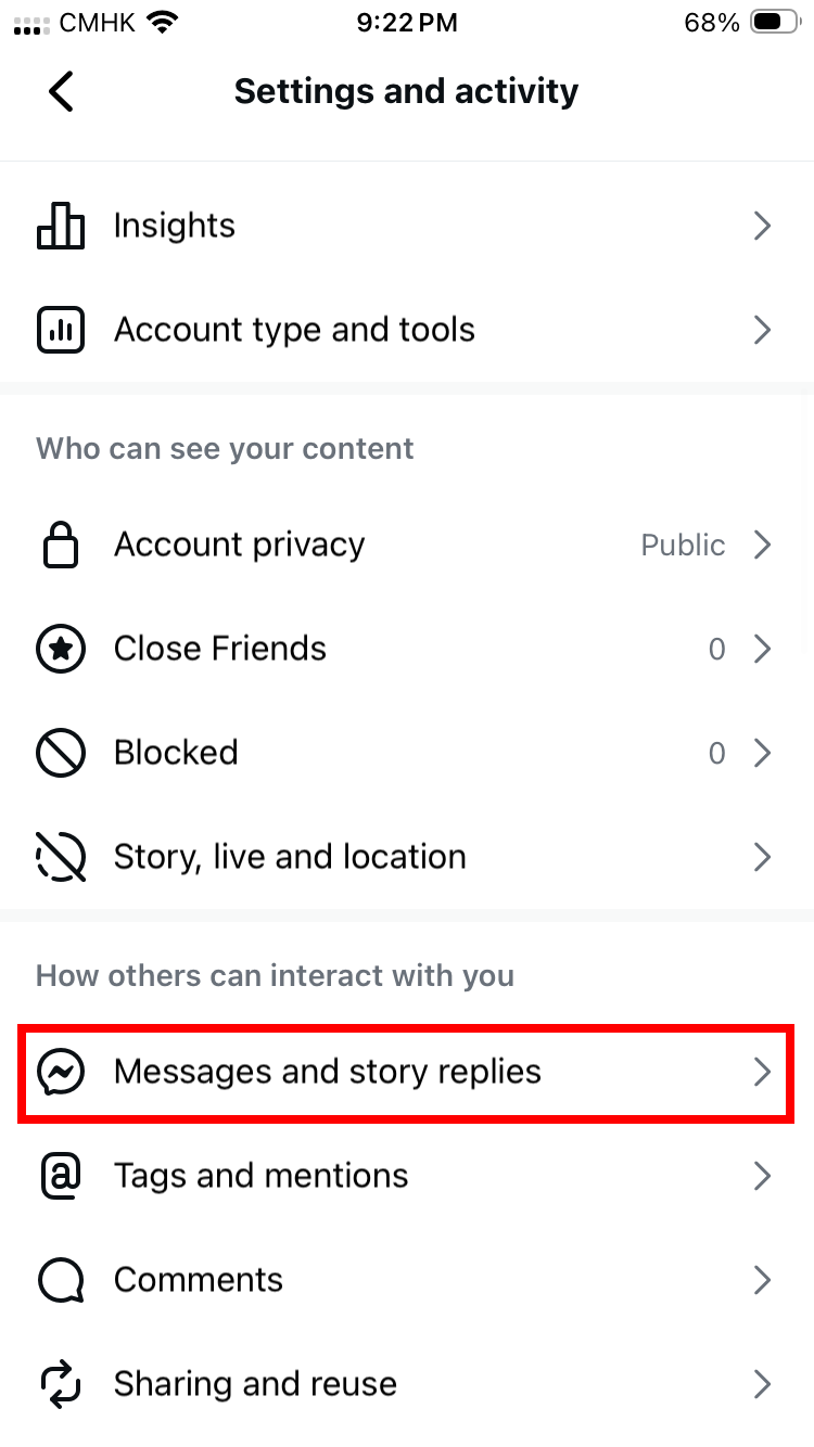 Settings and activity