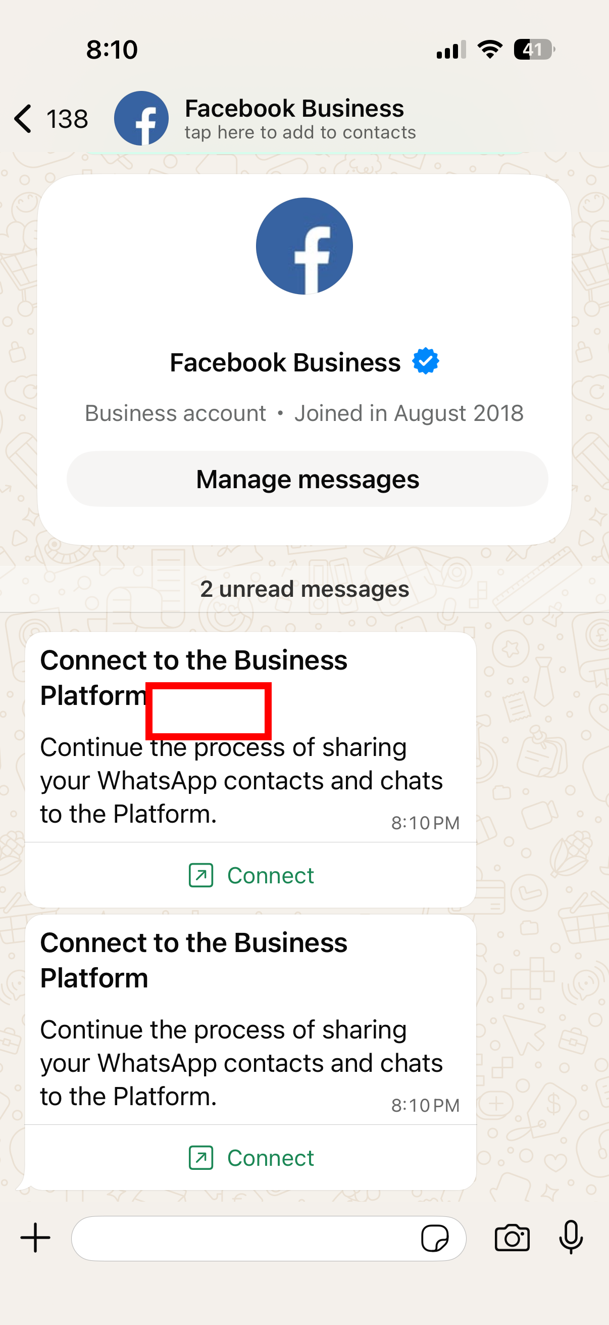 WhatsApp Business 收到的連接訊息