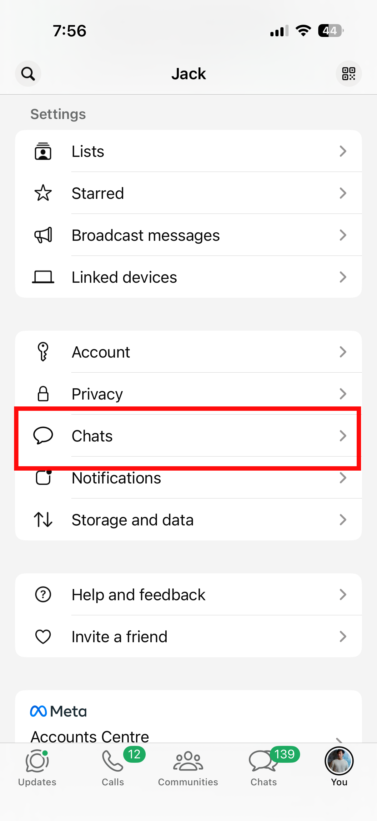 WhatsApp 設定頁面