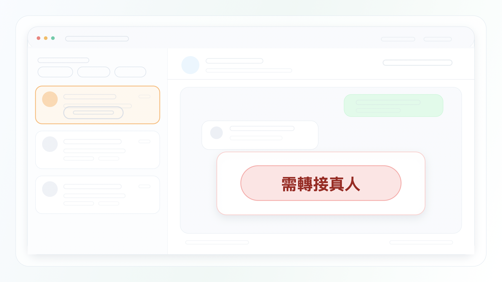 Simplified activity dashboard mockup showing a conversation tagged for human handoff